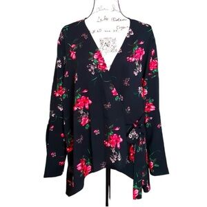 Black Floral V-Neck Wrap Blouse
